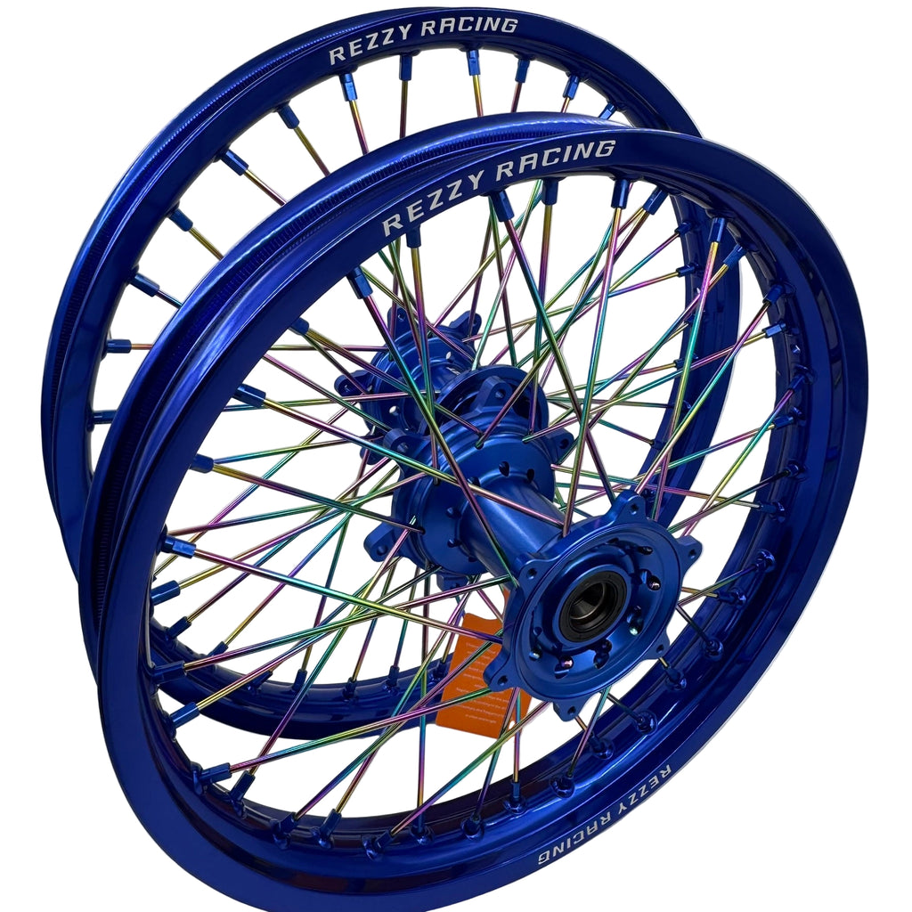 Rezzy Racing Yamaha  Wheel Set Blue with Oil slick spokes 19x2.15 - 21x1.6
